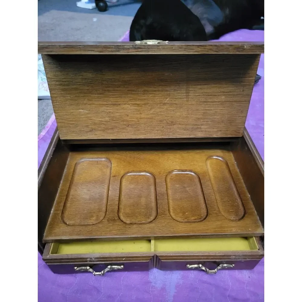 VTG Wood Jewelry Box Chest Brass Velvet Interior Valet Men MCM Anchors